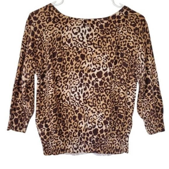 🟢2058 * dELiA*s Animal Print Button Down Cardigan Tan Brown Size L Y2K Retro - Picture 2 of 7